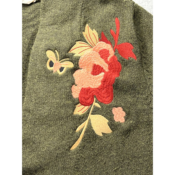 Soft Surroundings Green Embroidered Floral Okata Sweater Cardigan Size Large - Picture 6 of 10
